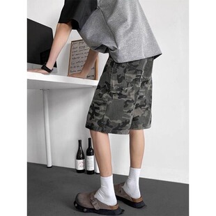 夏季 男款 痞帅工装 裤 美式 子cleanfit拼接五分复古牛仔中裤 迷彩短裤