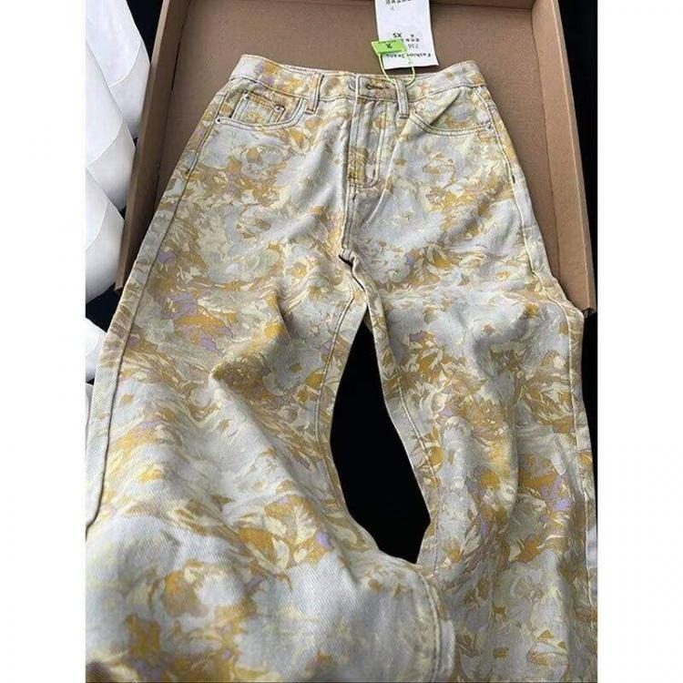 黄色扎染提花微喇牛仔裤男生款痞帅高级感设计感裤子美式直筒长裤,男装,牛仔裤,淘宝优惠券,粉丝福利购,淘宝优惠卷