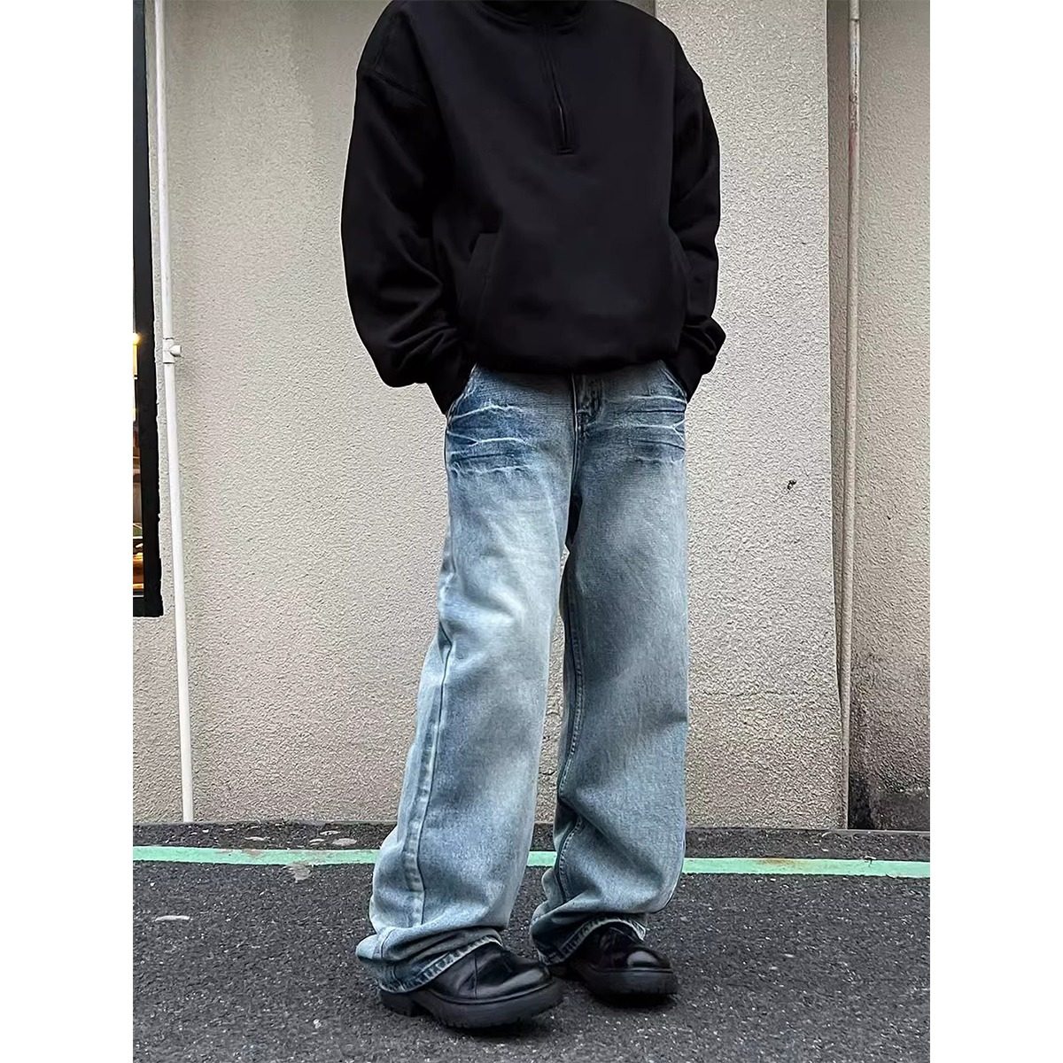 美式复古做旧牛仔裤蓝色直筒百搭学生宽松休闲长裤秋季阔腿裤子,男装,牛仔裤,淘宝优惠券,粉丝福利购,淘宝优惠卷