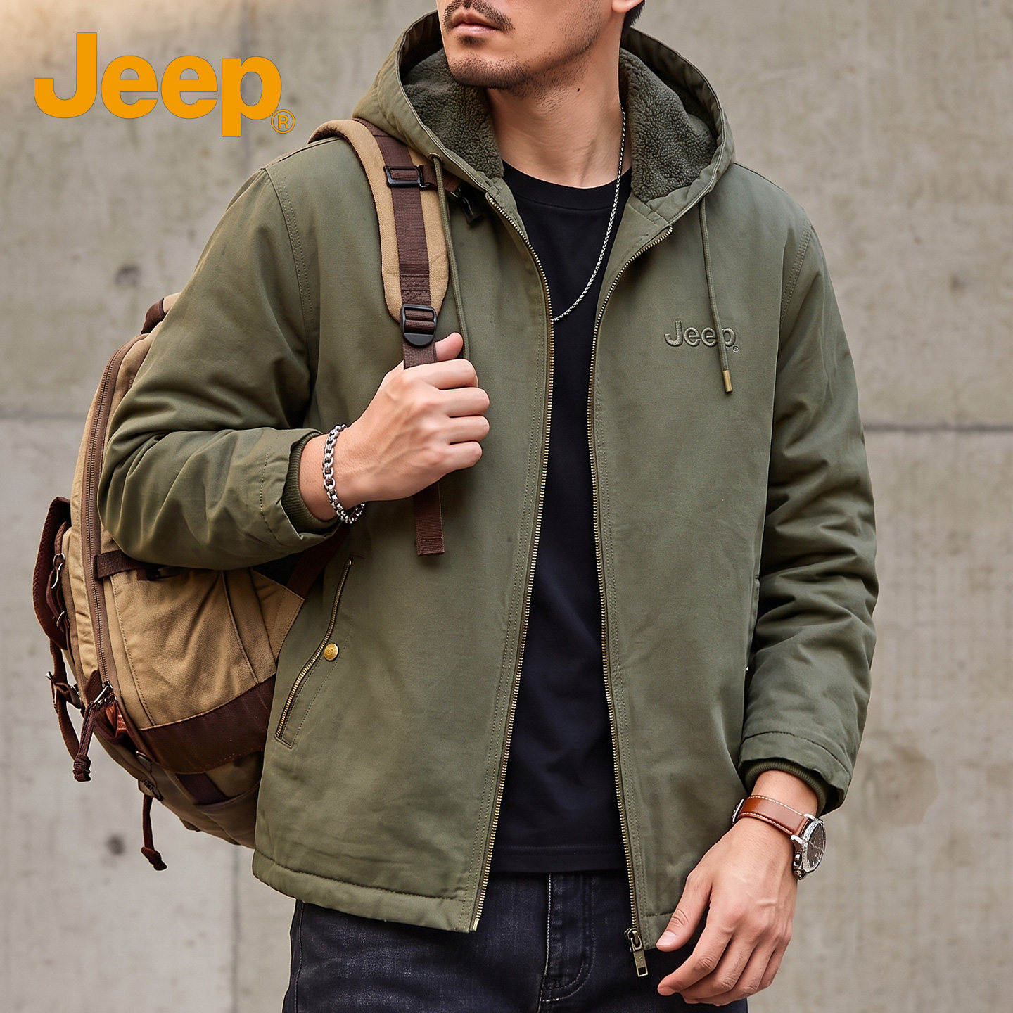 JEEP吉普连帽加绒加厚棉衣内里羊羔绒保暖工装外套冬季宽松棉服