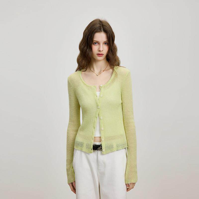 Azmi高级感淡绿色薄针织开衫女春秋2026新款修身短款防晒罩衫外套
