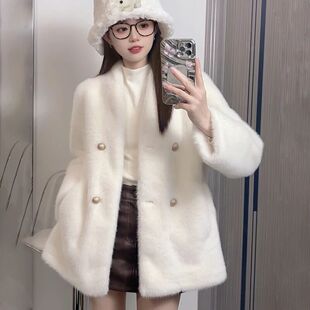 小香风仿水貂绒皮草百搭 皮毛一体小个子大衣新款 外套女冬季 中长款