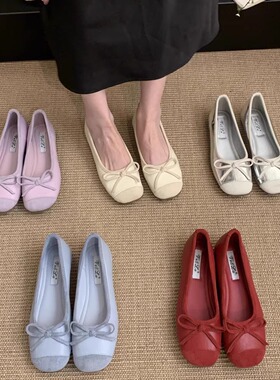 内增高版~法式蝴蝶结浅口单鞋女春秋季温柔蓝色软底芭蕾舞晚晚鞋