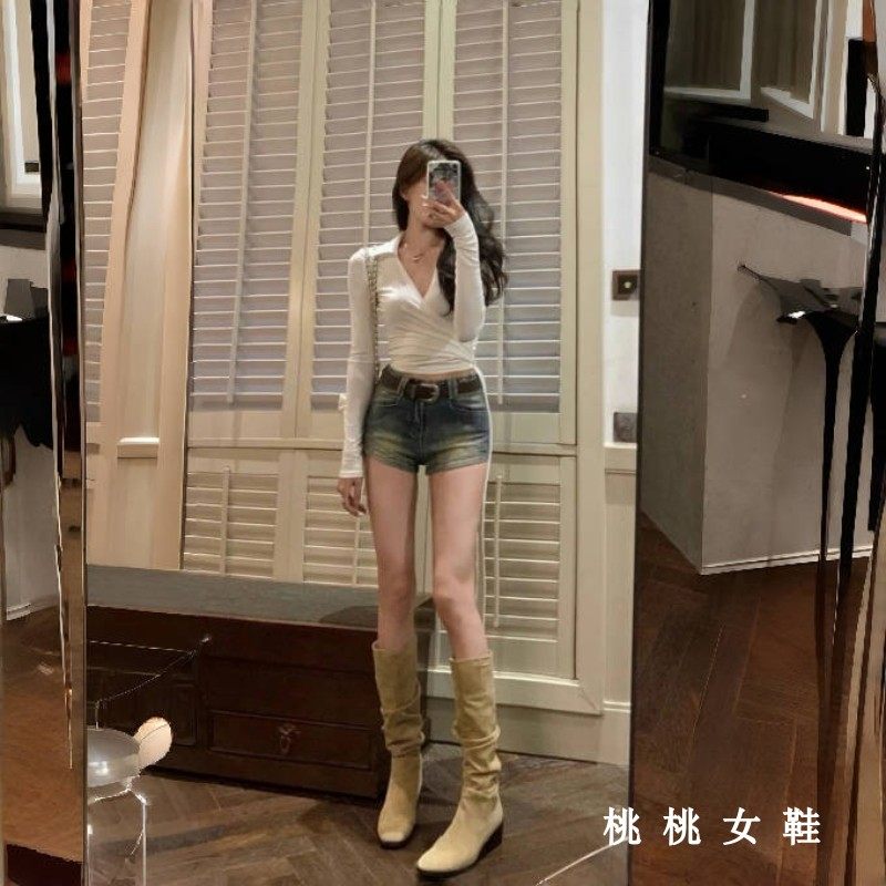 靴子女长筒靴2025年新款秋冬粗跟堆堆靴西部牛仔靴高筒瘦瘦骑士靴