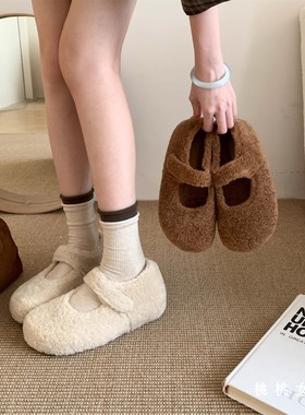厚底内增高毛毛鞋女外穿2025秋冬新款加绒玛丽珍鞋晚晚豆豆鞋棉鞋