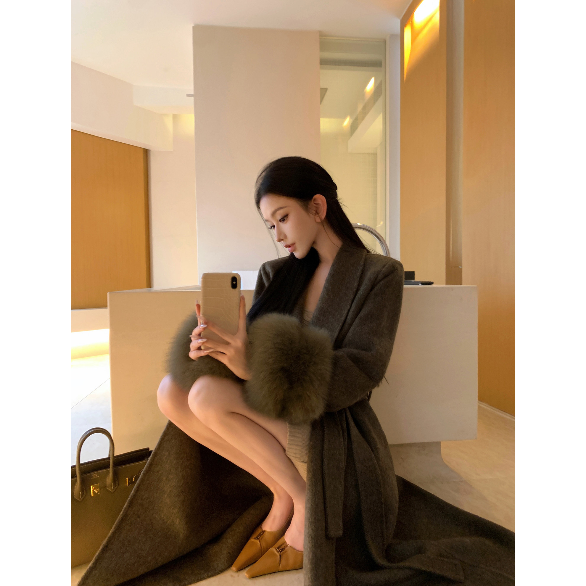 JAYKY YANG【奥克兰往事】咖绿色绵羊毛毛呢大衣狐狸毛袖系带外套