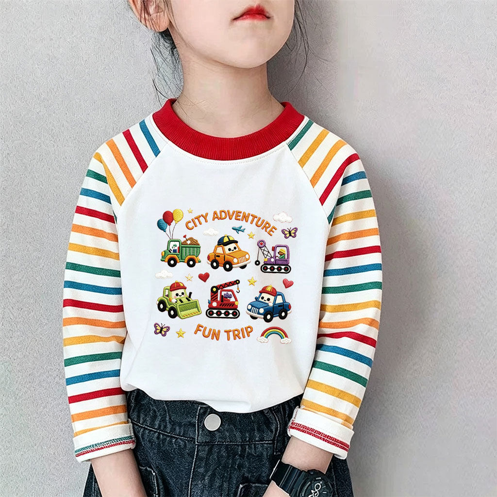 儿童趣味图案长袖T恤2026秋男女中大童洋气条纹休闲纯棉套头衫
