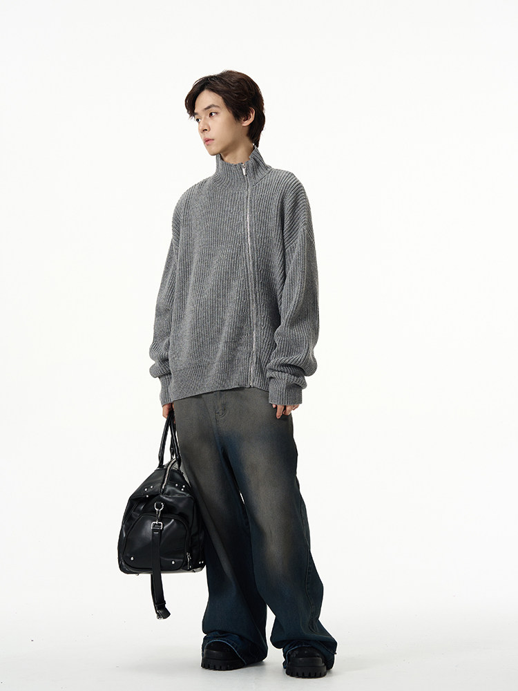 WEILANG의 상점 미국 복고풍 틈새 대각선 지퍼 스웨터 재킷 남성 게으른 고급 카디건 스웨터 커플