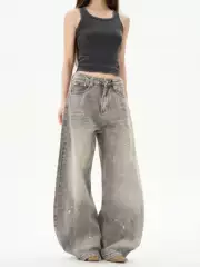 Tailang's Shop American Retro High Street Splatter Denim Jeans for Men with a Sense of Design and High-End Feel, Scimitar Niche Pants for Couples