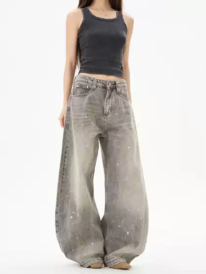 Tailang's Shop American Retro High Street Splatter Denim Jeans for Men with a Sense of Design and High-End Feel, Scimitar Niche Pants for Couples