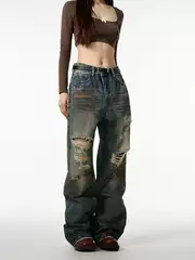 Oulang's store, American high street retro ripped jeans, men's trendy brand, cool and trendy, explosive street straight leg loose pants, couple