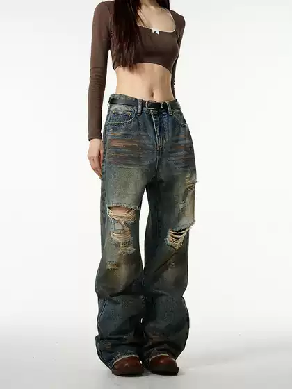 Oulang's store, American high street retro ripped jeans, men's trendy brand, cool and trendy, explosive street straight leg loose pants, couple