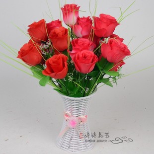 特价婚庆插花仿真花绢花塑料花 7头孔雀玫瑰手把花厂家直销