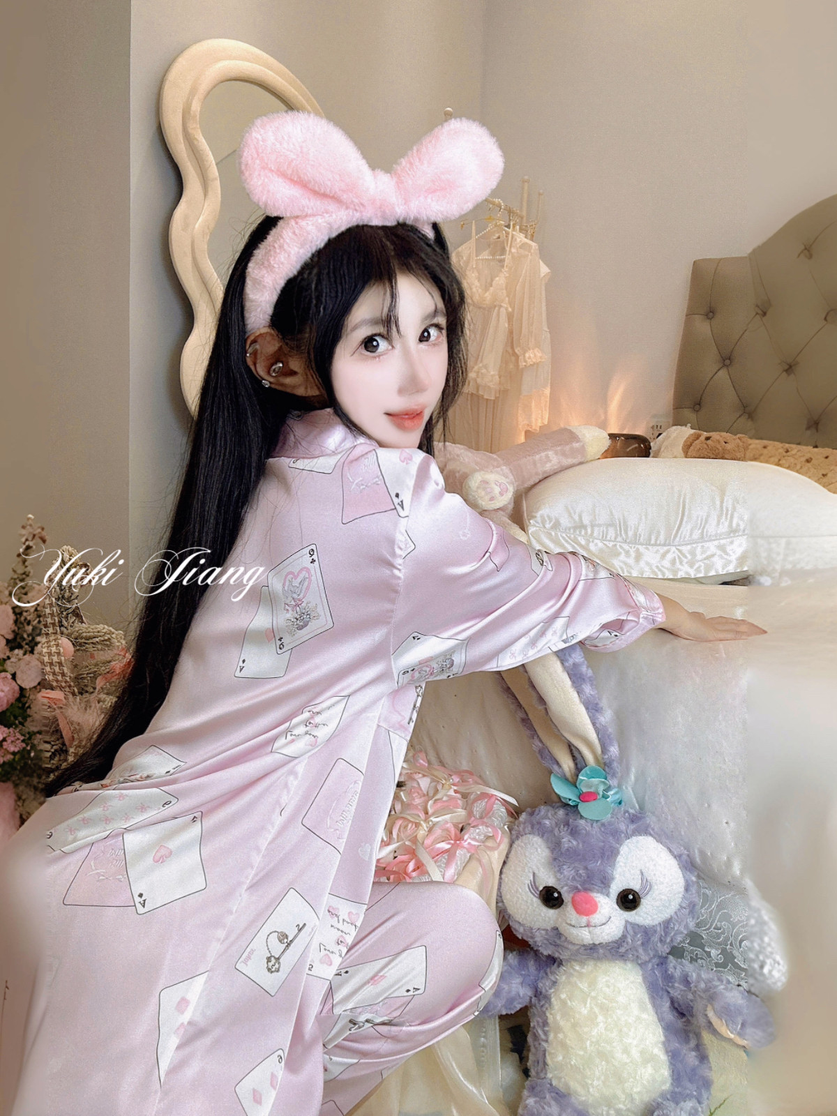 Yuki酱【粉色纸牌屋】宋妍霏同款冰丝印花睡衣女款2024新款夏