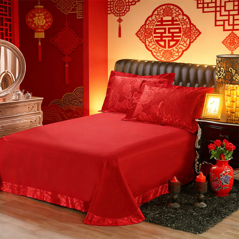 结婚床单双人大红单品大床婚庆三件套纯色飞边磨毛床上枕套1.8床