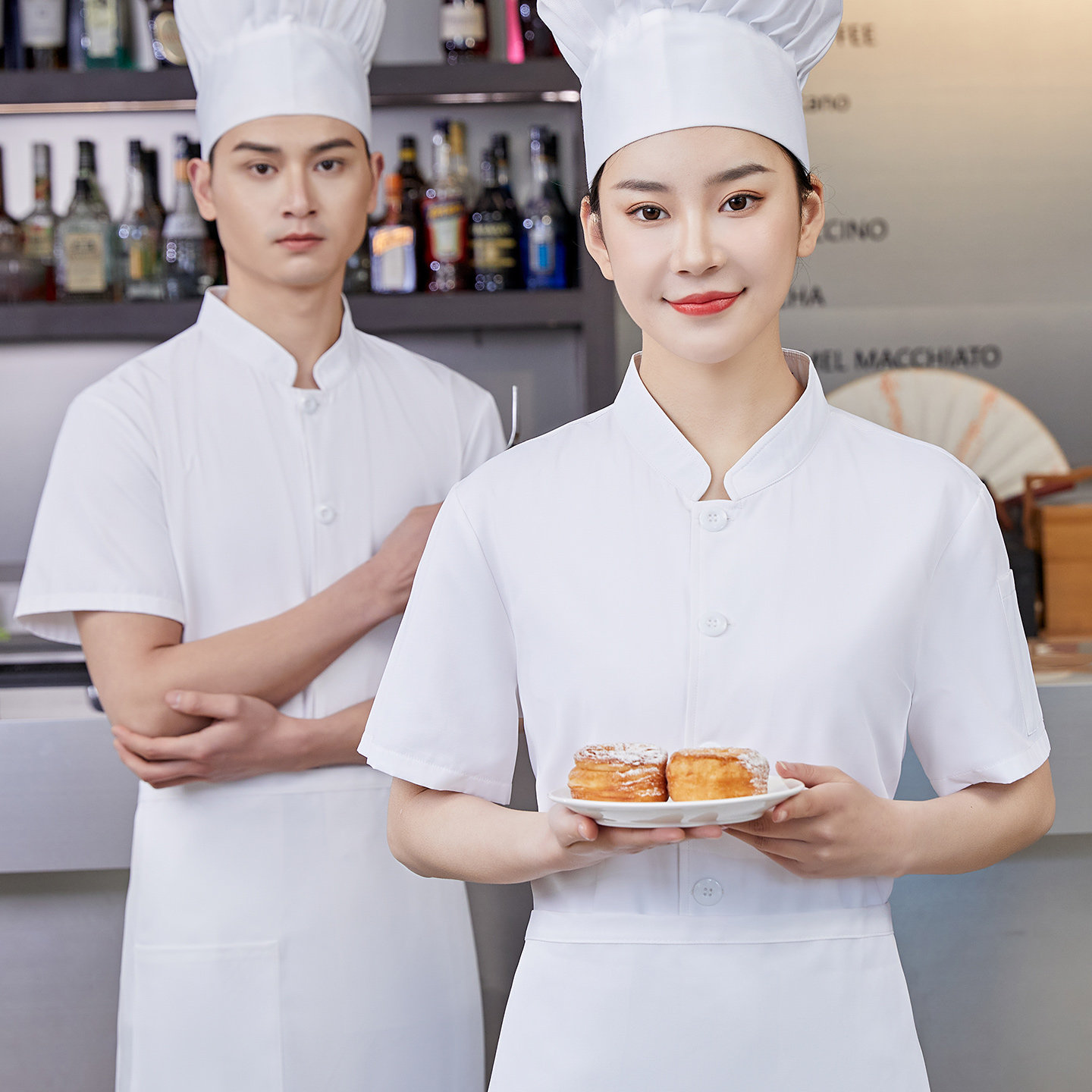 食堂厨师工作服长袖饭店幼儿园厨房白色厨师服短袖纯棉夏装透气女