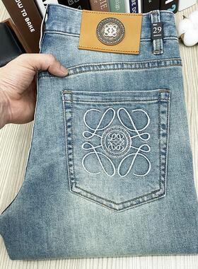 高端牛仔裤男夏季薄款破洞蓝色刺绣弹力修身小脚裤潮流轻奢长裤子