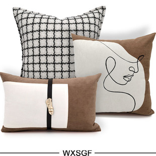北欧ins风抱枕套抱枕客厅沙发床黑白色刺绣靠枕轻奢咖色米色拼接