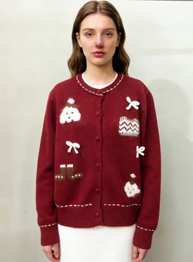 Time RoaD/汤米诺圆领提花针织开衫女蝴蝶结软糯毛衣外套女2026春