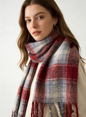 Time RoaD/汤米诺仿羊绒保暖围巾女2025年冬季英伦风格纹流苏披肩