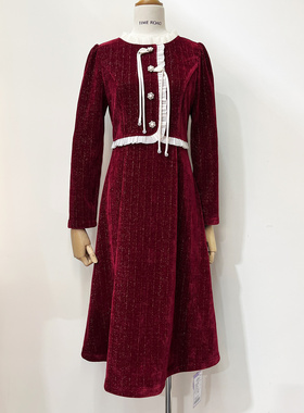 Time RoaD/汤米诺拼接长袖金丝绒暗红气质显瘦假两件连衣裙中长款