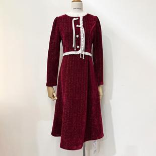 Time RoaD/汤米诺拼接长袖金丝绒暗红气质显瘦假两件连衣裙中长款
