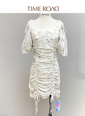 Time RoaD/汤米诺甜辣抽绳碎花荷叶袖连衣裙女夏季新款中长款裙子