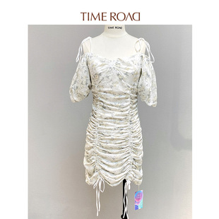 Time RoaD/汤米诺甜辣抽绳碎花荷叶袖连衣裙女夏季新款中长款裙子