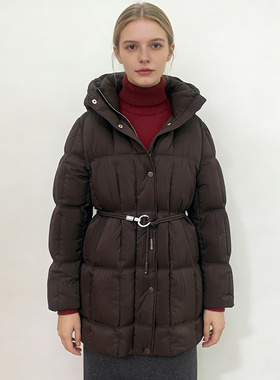 Time RoaD/汤米诺收腰羽绒服女2025冬中长款复古连帽鸭绒褶皱外套