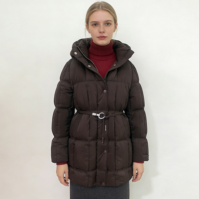 汤米诺收腰连帽中长褶皱羽绒服女