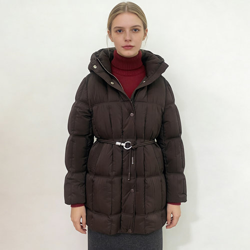 汤米诺收腰连帽中长褶皱羽绒服女