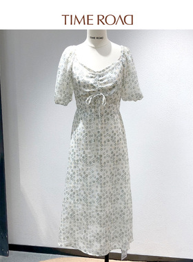 Time RoaD/汤米诺方领碎花浅绿色连衣裙一字肩雪纺裙T25233191536