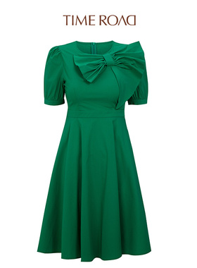 Time RoaD/汤米诺夏季深绿短袖裙子女设计感收腰显廋气质连衣裙