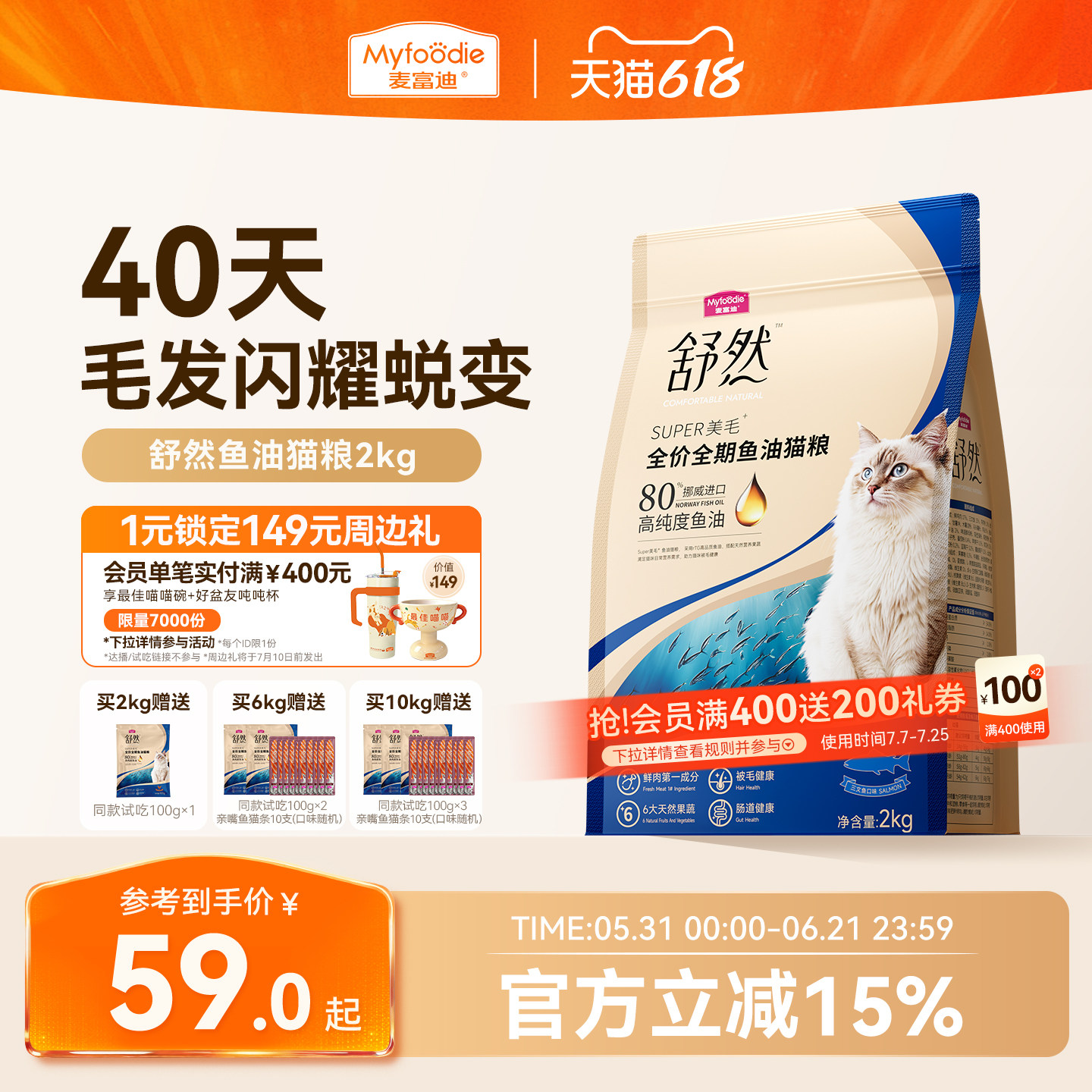 麦富迪舒然鱼油猫粮美毛靓毛添加80%高纯度鱼油成幼猫通用猫粮2kg