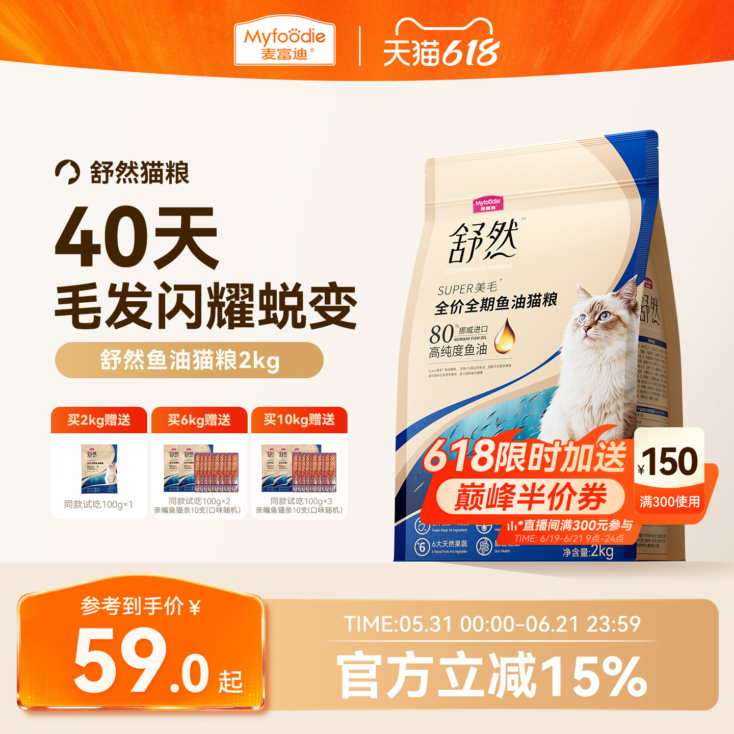 麦富迪舒然鱼油猫粮美毛靓毛添加80%高纯度鱼油成幼猫通用猫粮2kg