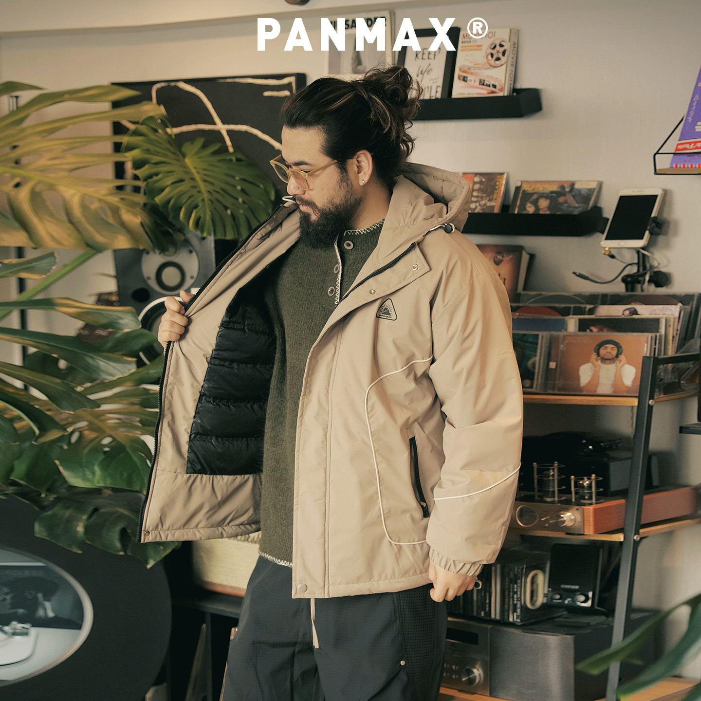 PANMAX潮牌大码男装羽绒服保暖外套防风工装连帽休闲黑白拼线设计