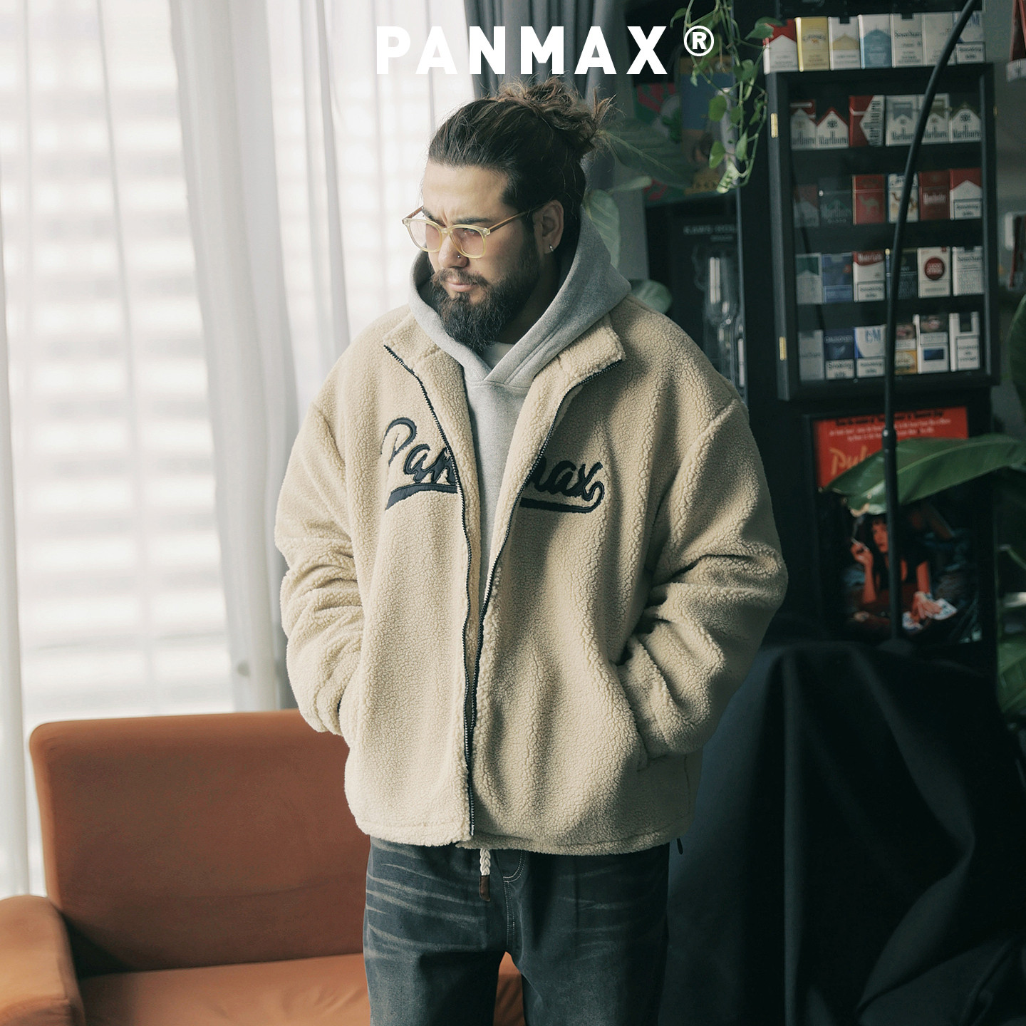 PANMAX潮牌大码男装加绒夹克秋冬保暖摇粒绒外套字母刺绣立领夹克
