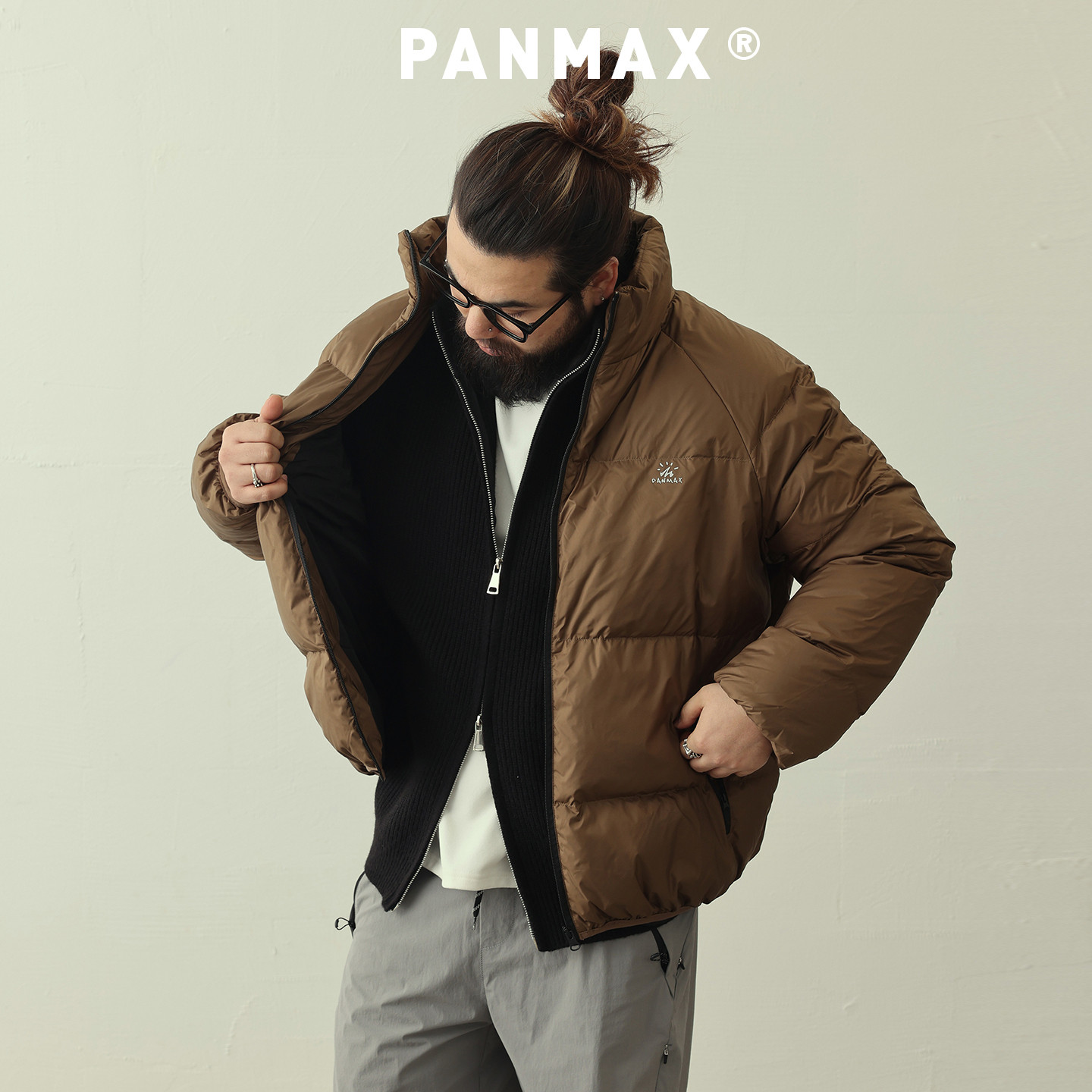 PANMAX潮牌大码男装鸭绒保暖短款外套面包服立领轻盈羽绒服夹克