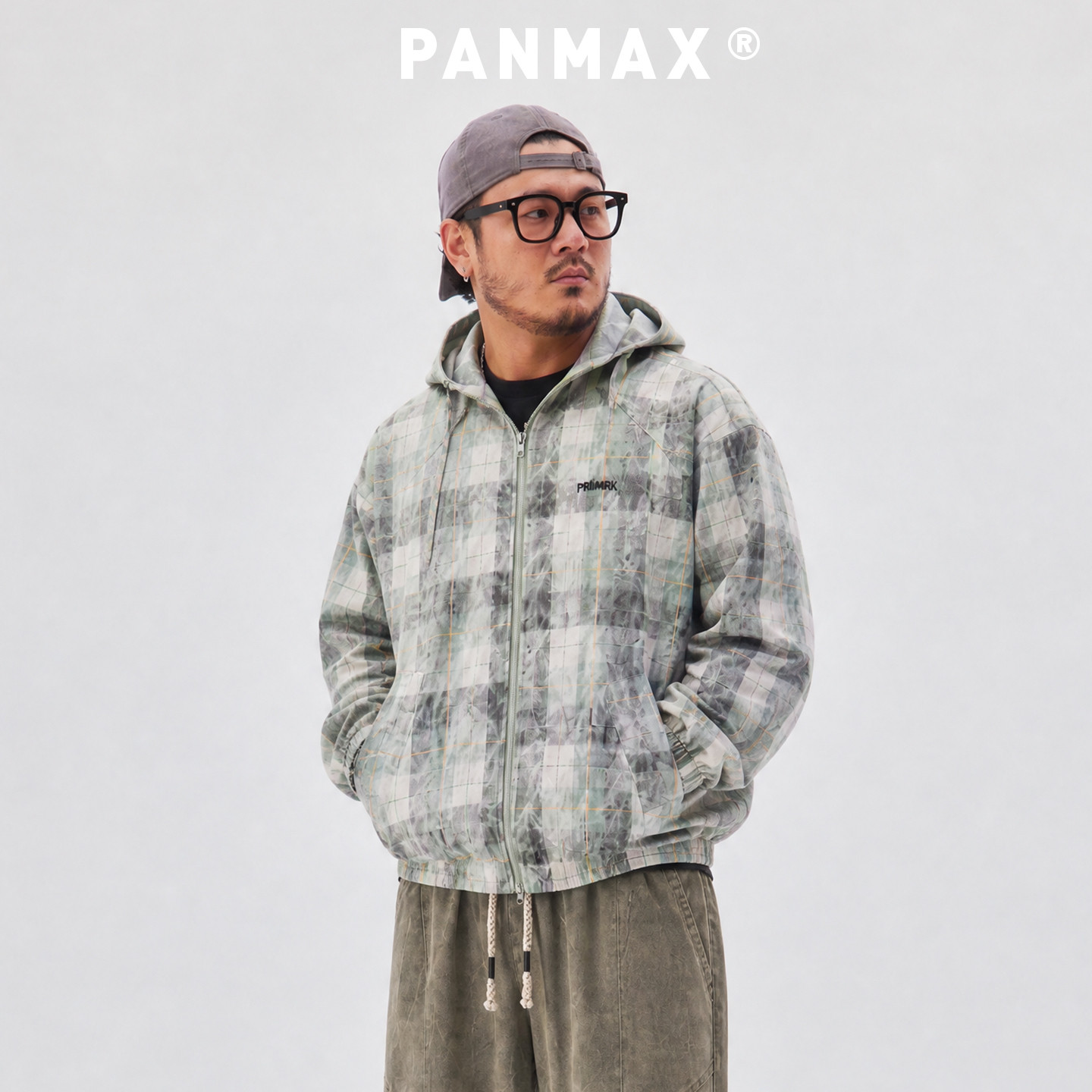 PANMAX潮牌大码美式复古水洗格纹连帽夹克做旧拼接卫衣领宽松外套