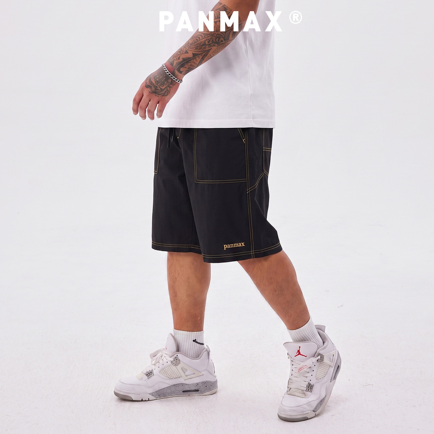 PANMAX大码男士休闲运动百搭简约透气弹力短裤五分新款明线夏季