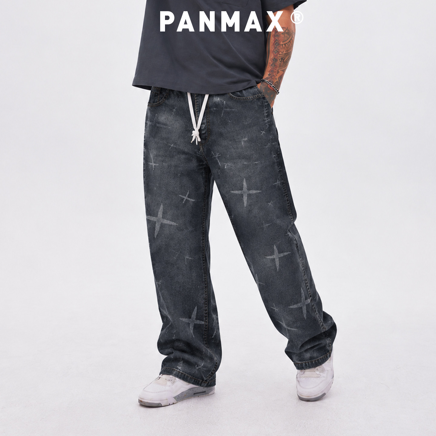PANMAX潮牌大码美式高街十字星印花牛仔裤个性涂鸦设计感复古宽松