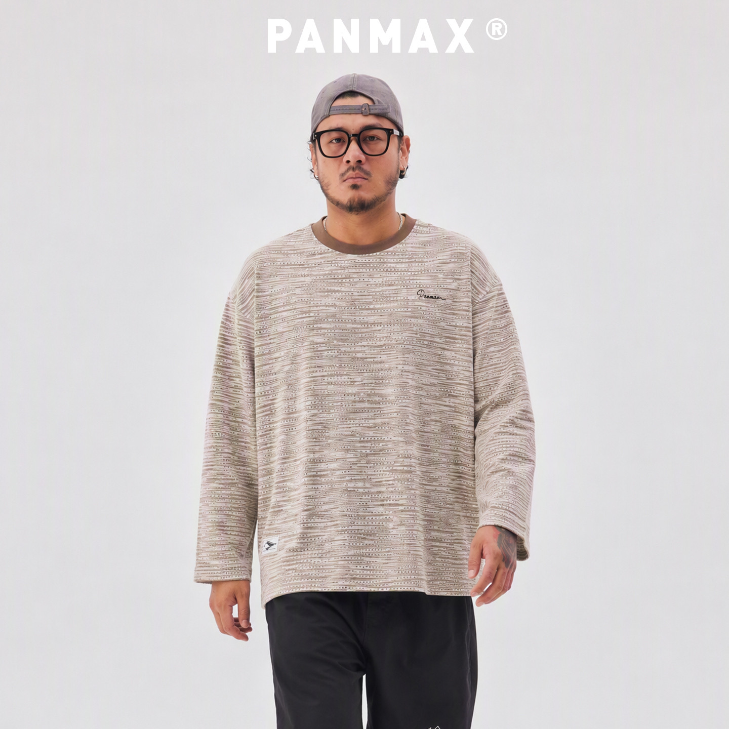 PANMAX潮牌大码男士彩色条纹长袖T恤撞色领口宽松休闲圆领卫衣