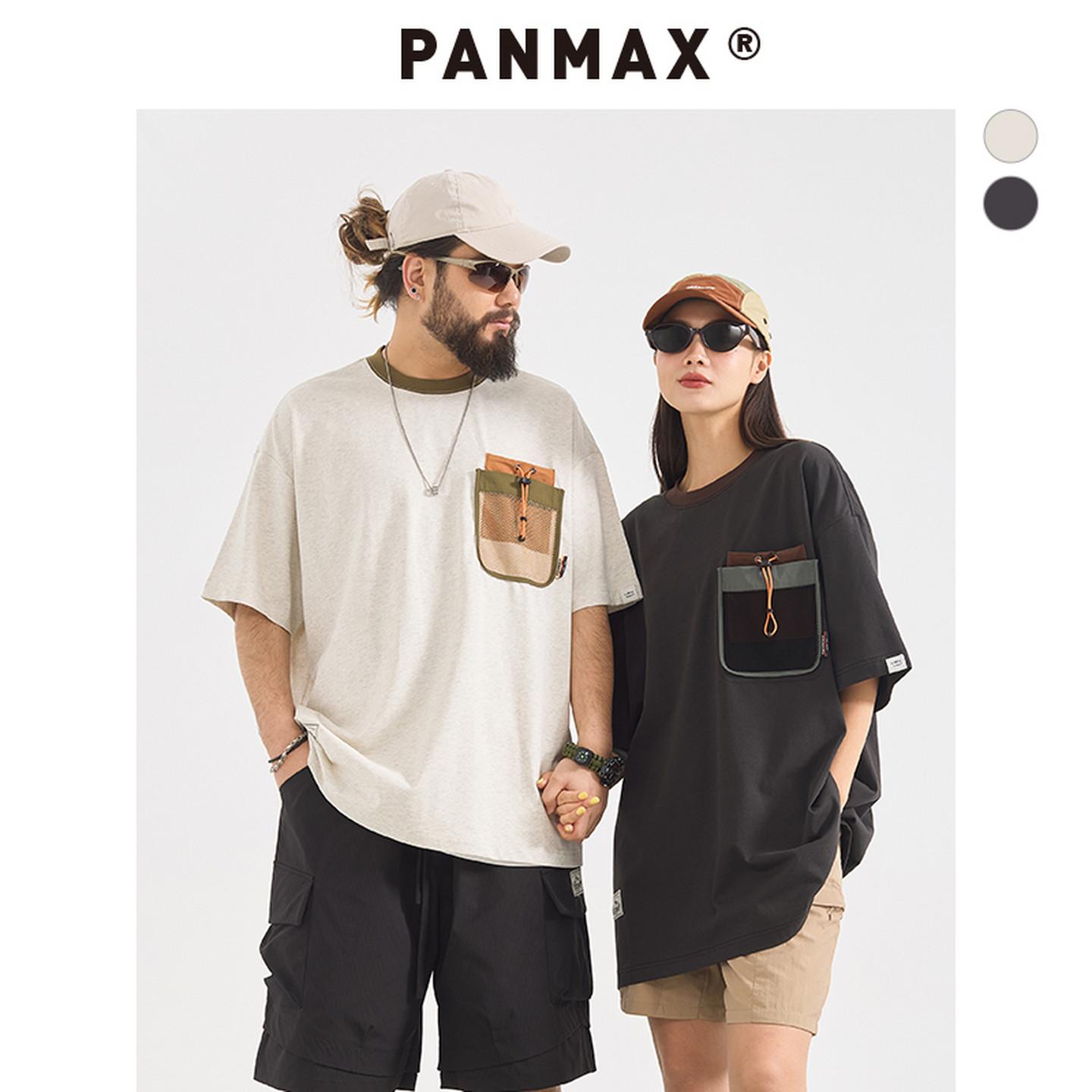 PANMAX潮牌大码男装夏季休闲复古口袋宽松加肥加大短袖T恤情侣衫