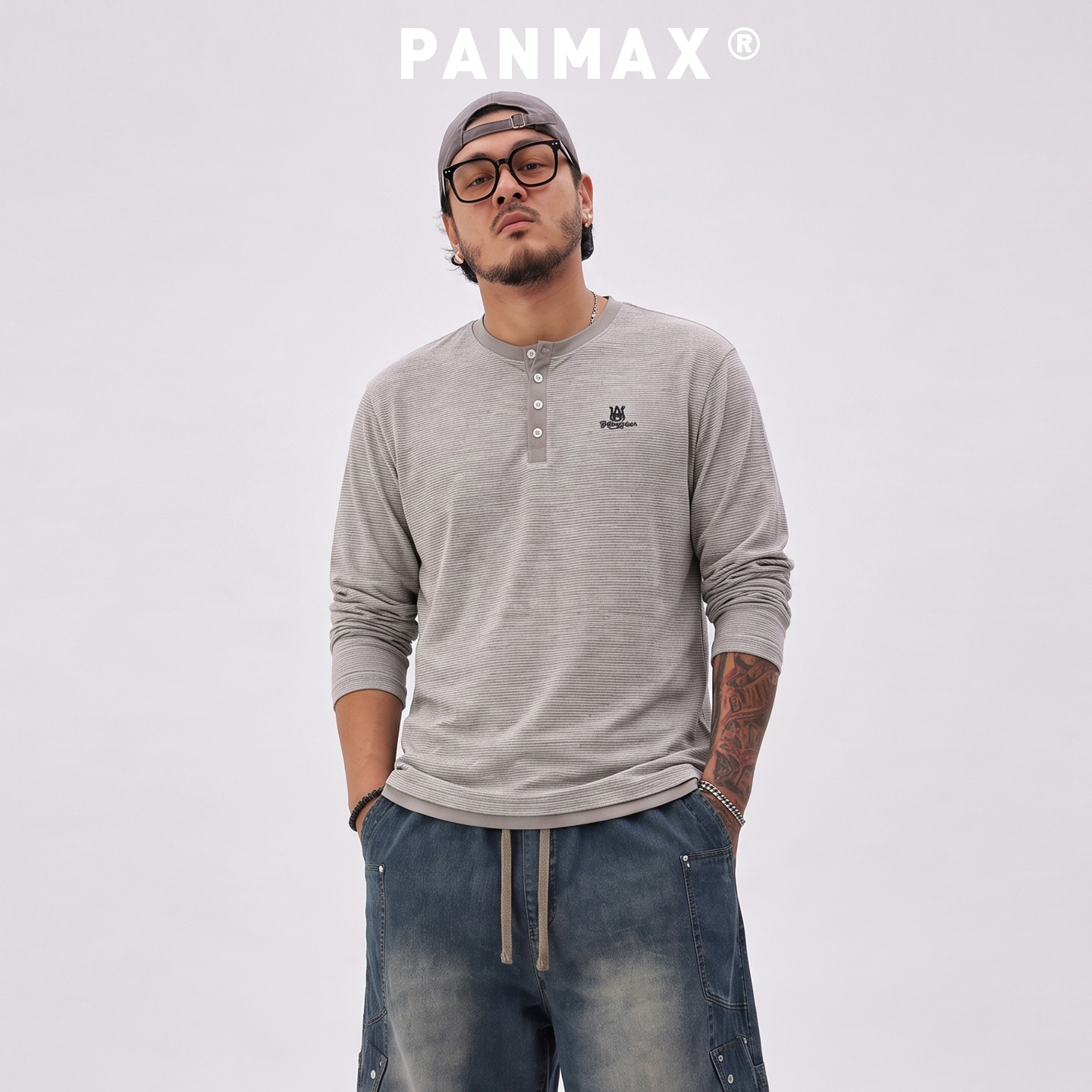 PANMAX大码男装长袖T恤男秋季亨利领打底衫胖子加肥加大码体恤潮