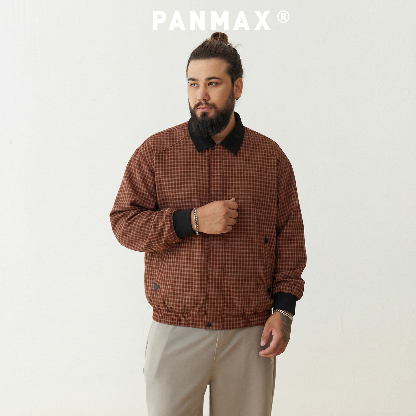 PANMAX潮牌大码男装春秋夹克复古格纹拼领工装外套撞色极简夹克