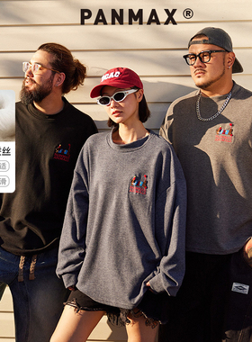 PANMAX大码男装潮牌卡通小狗刺绣印花半高领宽松简约长袖T恤上衣