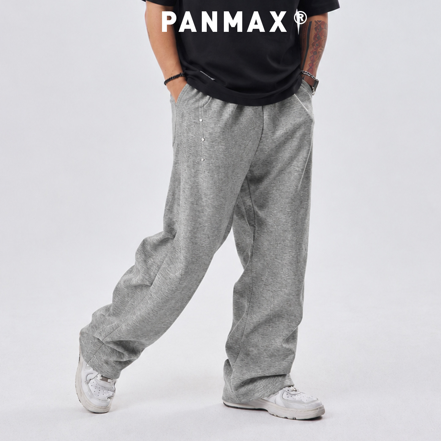 PANMAX潮牌大码男士极简风宽松直筒卫裤侧扣设计垂感休闲长裤