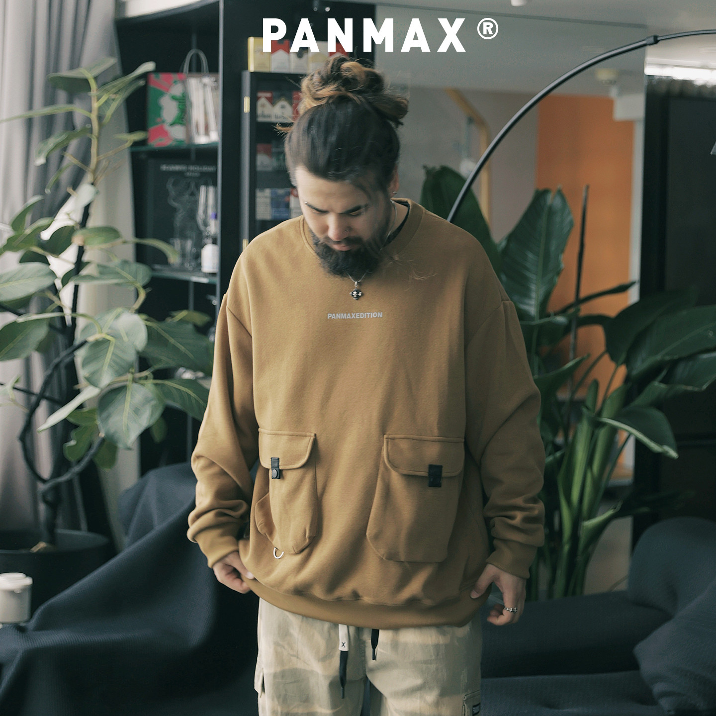 PANMAX大码男装潮牌2025年秋季新款潮酷口袋设计工装套头圆领卫衣