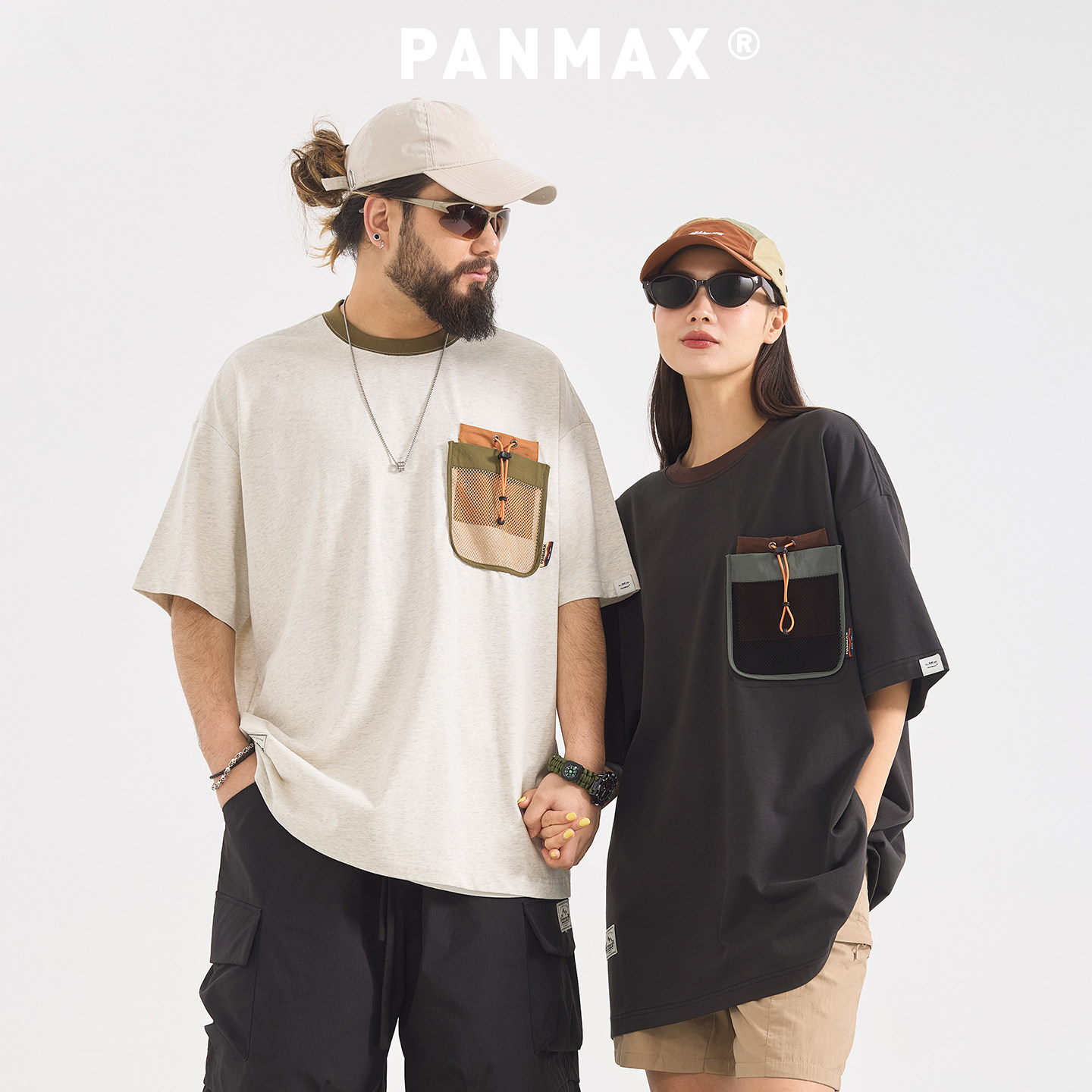 PANMAX潮牌休闲复古口袋宽松加肥加大码夏季情侣装男长袖T恤