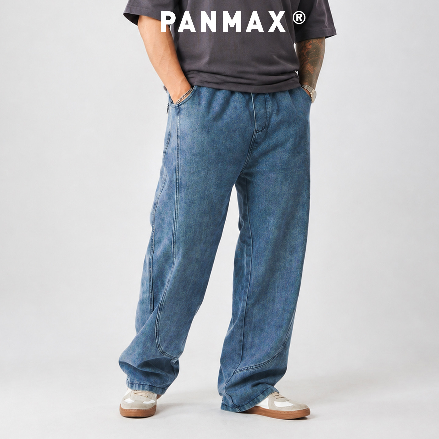 PANMAX潮牌大码男士牛仔裤春秋水洗直筒宽松休闲裤松紧腰抽绳长裤